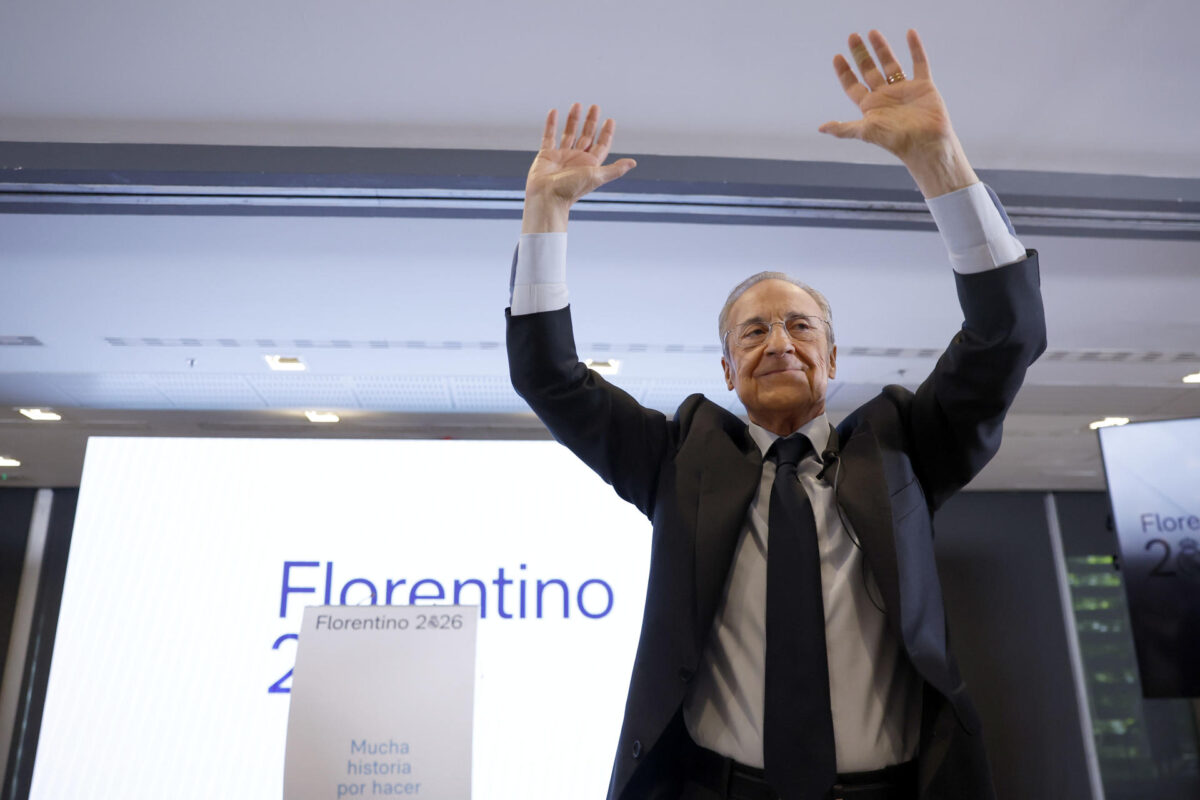 El presidente del Real Madrid y candidato a la reelección Florentino Pérez, en su cierre de campaña este sábado en la capital española. EFE/Javier Lizón