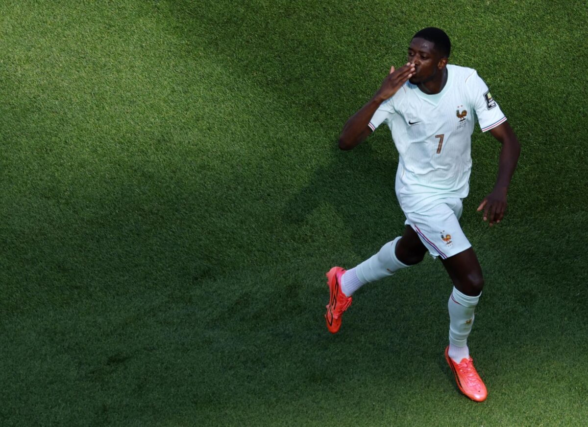 El jugador Ousmane Dembélé, de Francia, celebra después de marcar el gol del 2-0 durante el partido de cuartos de final de la Copa Mundial de la FIFA 2026. EFE/EPA/GREG M. COOPER