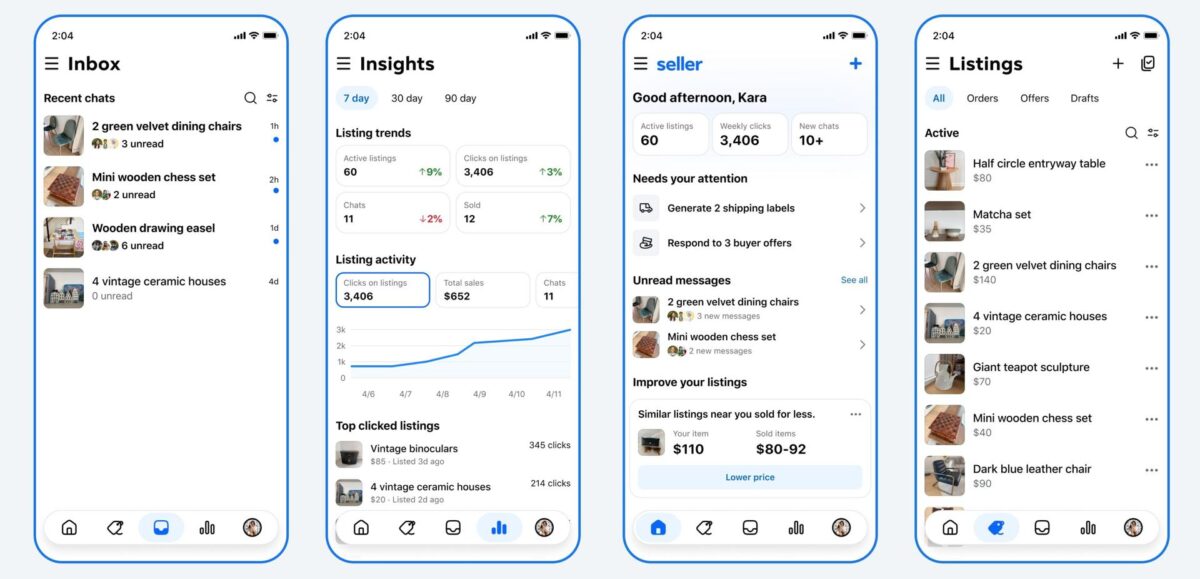 Combo de fotografías cedidas por Meta que muestra varios teléfonos en los que se esta usando Seller, una aplicación independiente impulsada por inteligencia artificial (IA) diseñada específicamente para los vendedores de Facebook Marketplace. EFE/ Meta