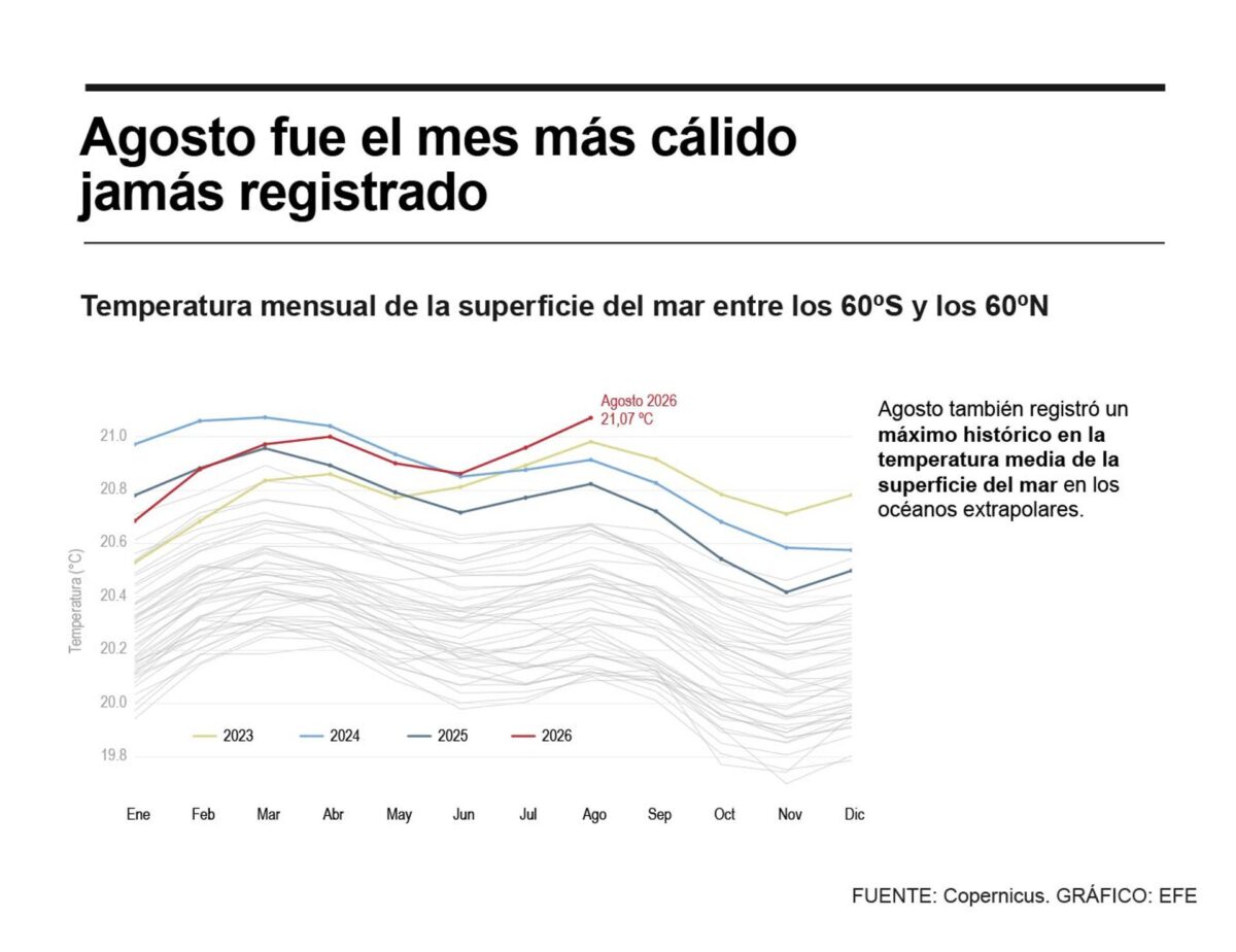 Detalle de la infografía de la Agencia EFE "Agosto fue el mes más cálido jamás registrado", disponible en https://infografías.efe.com. EFE