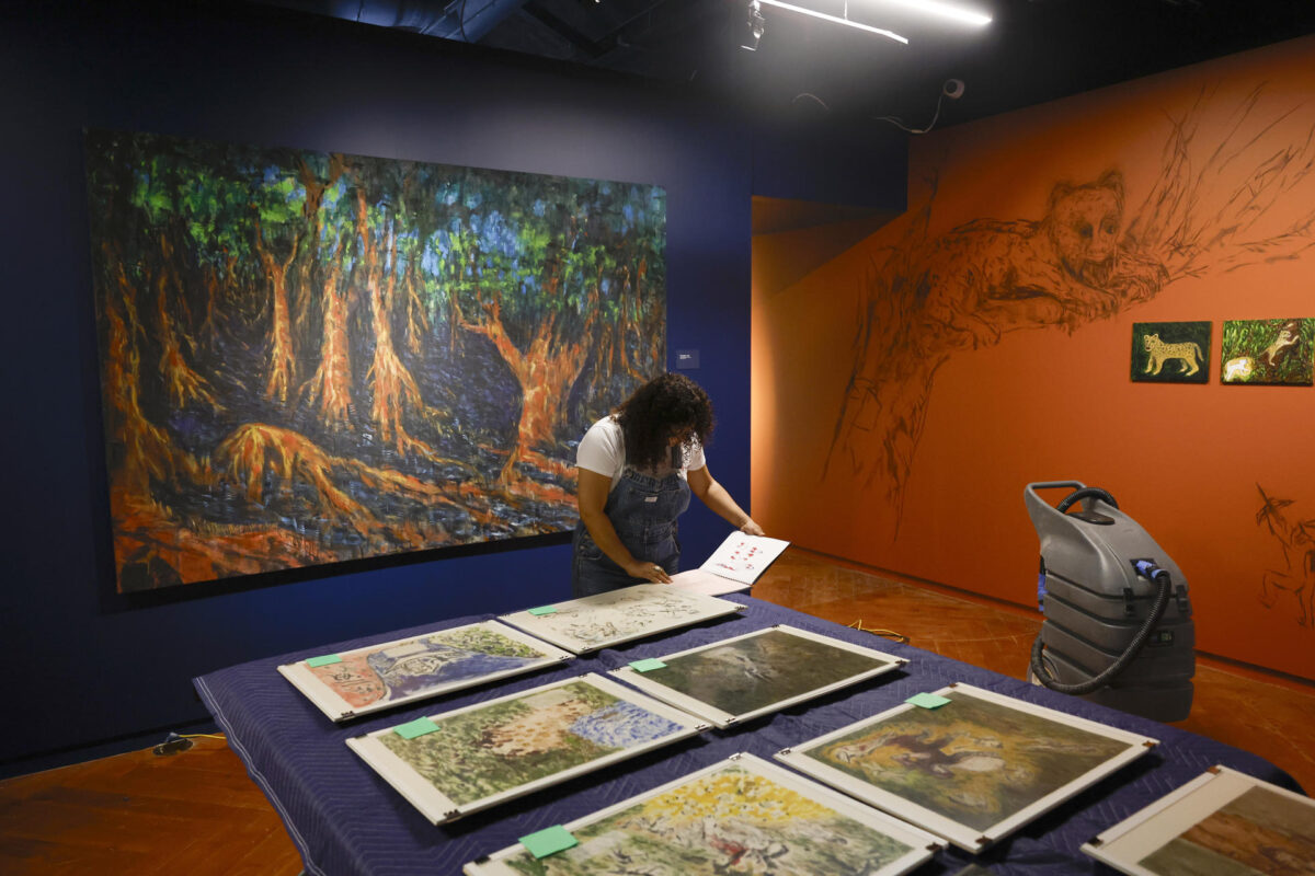 Fotografía que muestra obras de la exposición'Mar Tenebroso, Selva Indomable' de la artista panameña Isabel De Obaldía este viernes, en el Museo del Canal Interoceánico en Ciudad de Panamá (Panamá). EFE/ Bienvenido Velasco