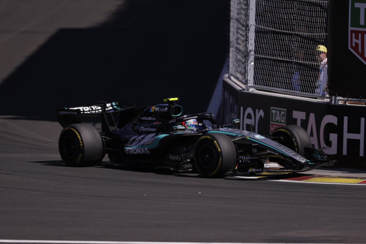 El piloto italiano Kimi Antonelli de Mercedes compite este domingo durante el Gran Premio de España de Fórmula Uno en el nuevo circuito de Madring en Madrid. EFE/ Juanjo Martin